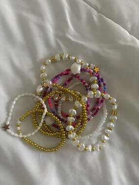 Set of 10 Stackable Bohemian Pearl and Seed Bead Stretch Bracelets